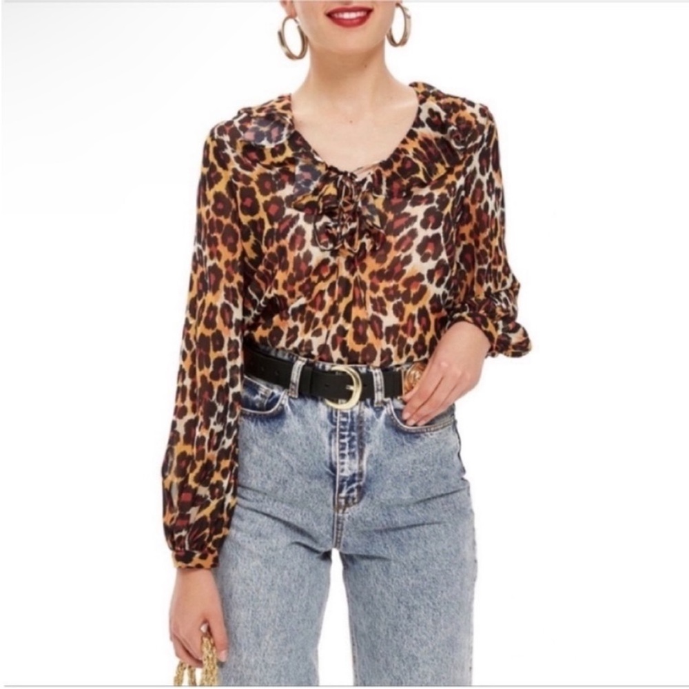 Topshop blouse brown leopard animal print ruffles lace up low back